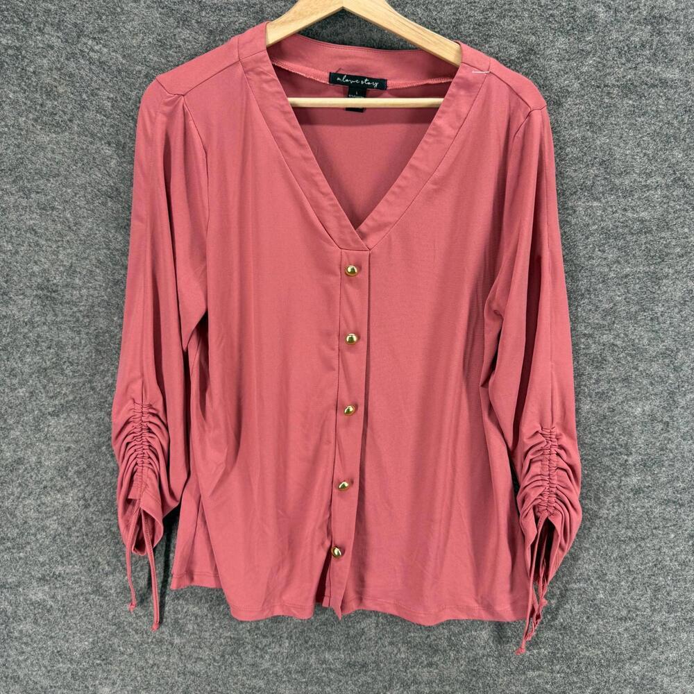 A Love Story Button Up Top Women L Large Pink V-Neck Long Sleeve Casual Solid